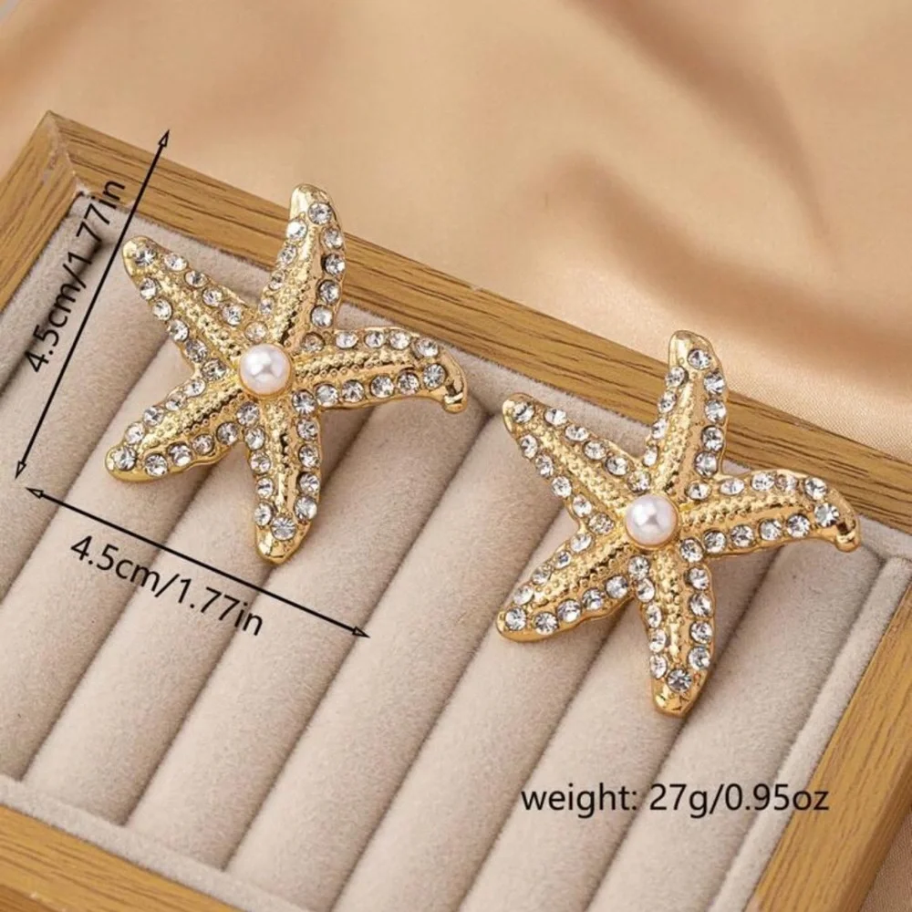 Gold and White Starfish Earrings with Sparkling Gemstones, Seashell Earrings